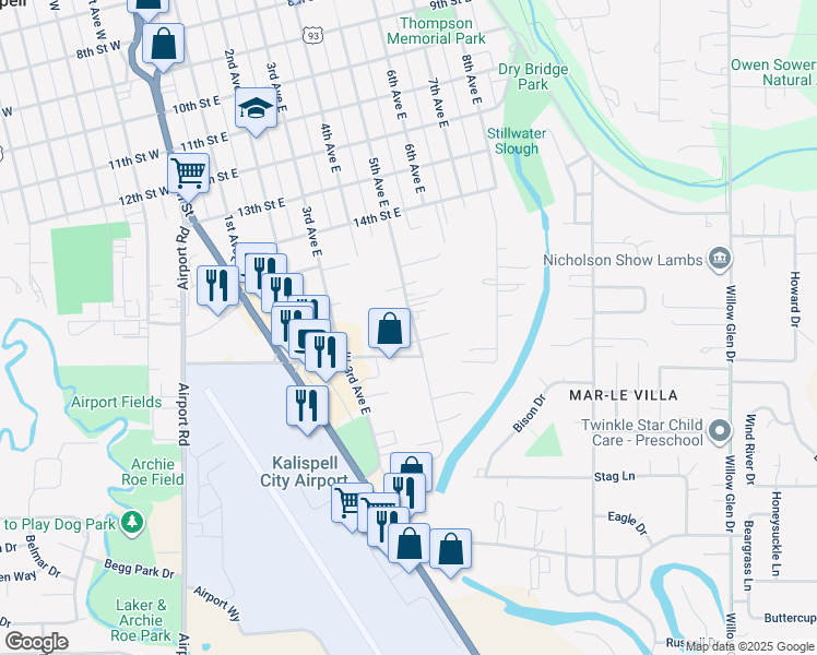 map of restaurants, bars, coffee shops, grocery stores, and more near 1713 5th Avenue East in Kalispell