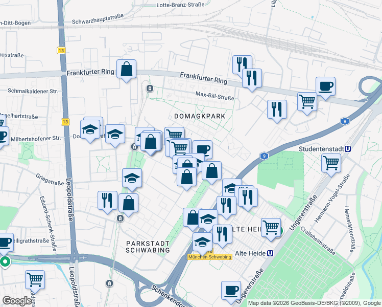 map of restaurants, bars, coffee shops, grocery stores, and more near Domagkstraße in München