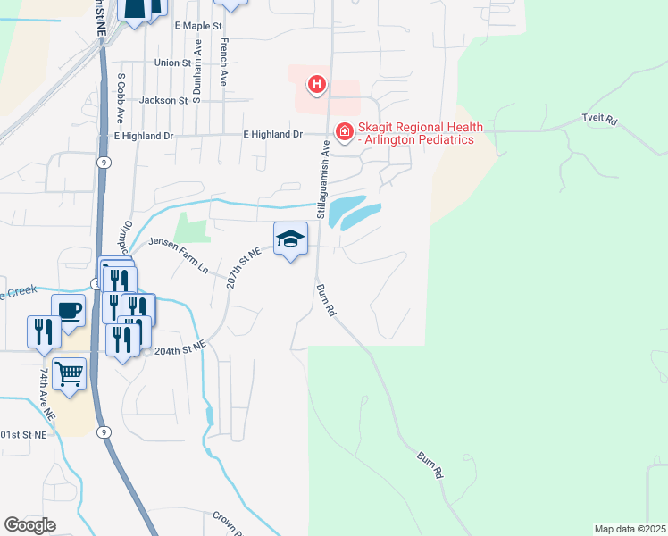 map of restaurants, bars, coffee shops, grocery stores, and more near 8400 207th Place Northeast in Arlington