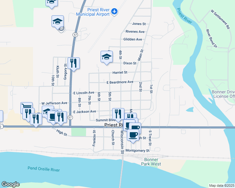 map of restaurants, bars, coffee shops, grocery stores, and more near 255 East Jefferson Avenue in Priest River