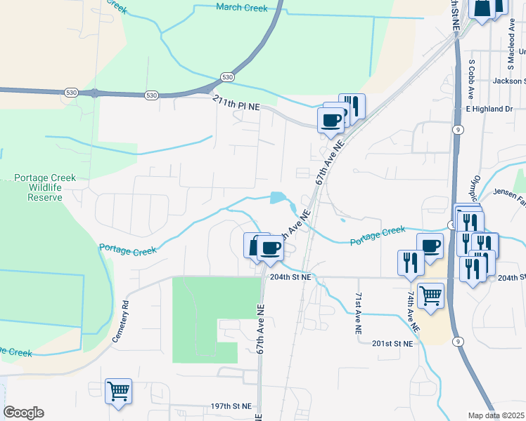 map of restaurants, bars, coffee shops, grocery stores, and more near 6625 206th Place Northeast in Arlington