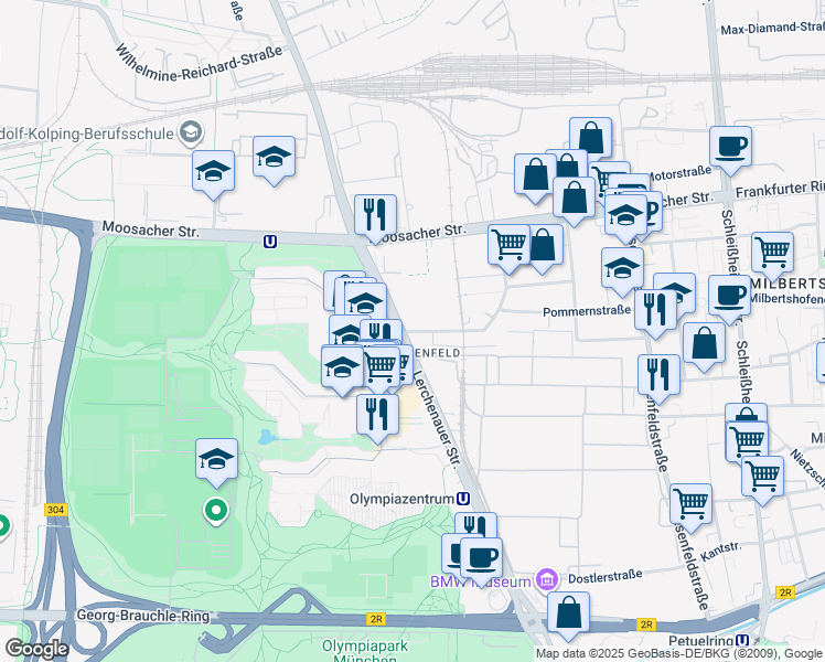 map of restaurants, bars, coffee shops, grocery stores, and more near 3 Preußenstraße in München