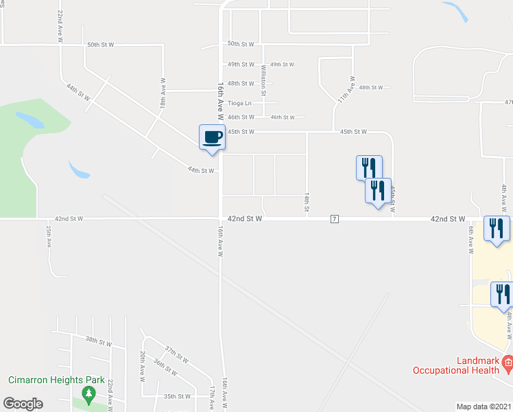 map of restaurants, bars, coffee shops, grocery stores, and more near 1502 42nd Street West in Williston
