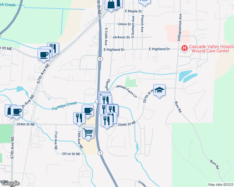 map of restaurants, bars, coffee shops, grocery stores, and more near 20721 Olympic Place in Arlington