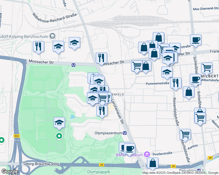 map of restaurants, bars, coffee shops, grocery stores, and more near 110 Lerchenauer Straße in München