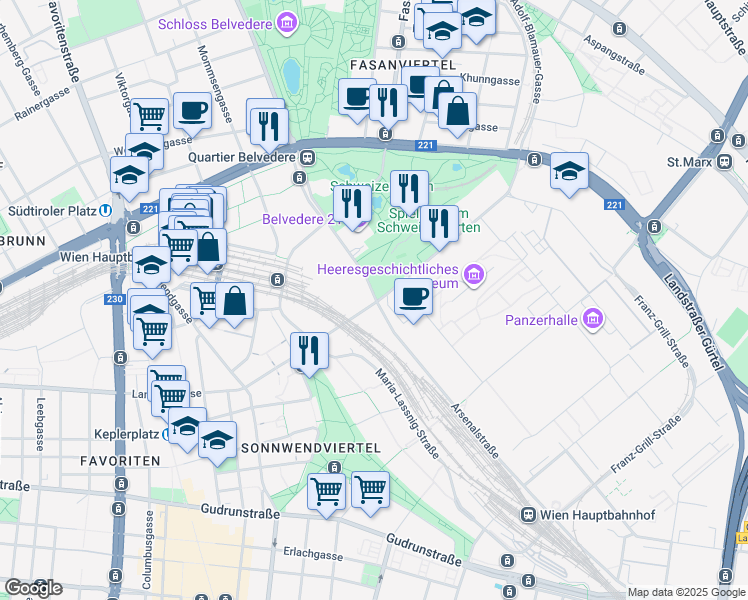 map of restaurants, bars, coffee shops, grocery stores, and more near Arsenalstraße in Wien