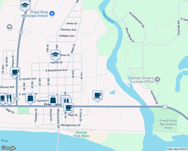 map of restaurants, bars, coffee shops, grocery stores, and more near 96 Merritt Lane in Priest River