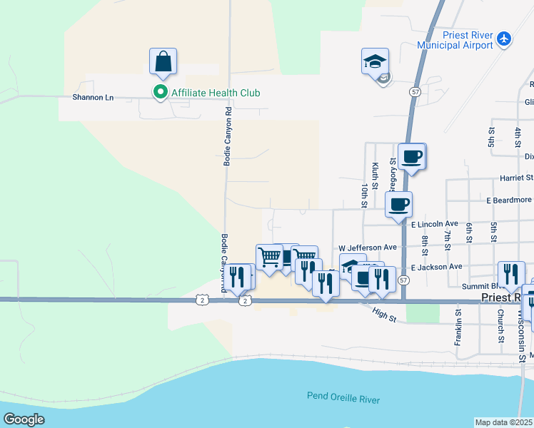 map of restaurants, bars, coffee shops, grocery stores, and more near 238 Sherman Street in Priest River
