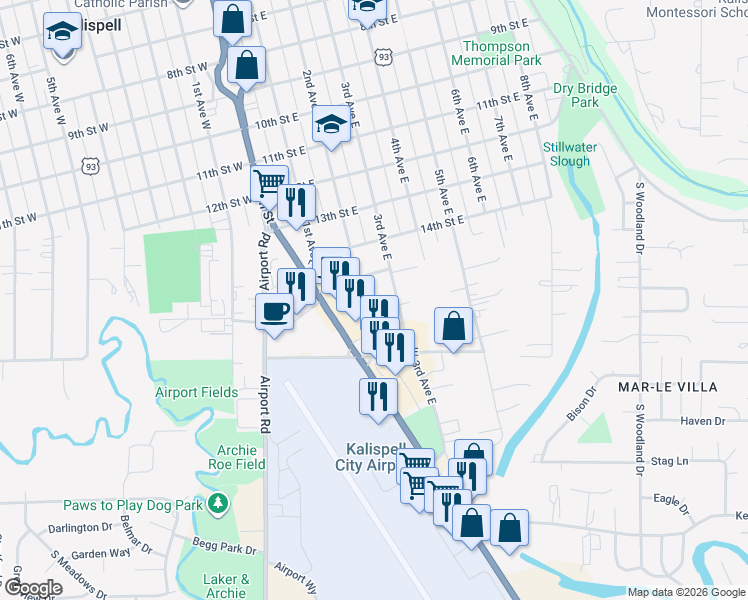 map of restaurants, bars, coffee shops, grocery stores, and more near 1430 3rd Ave E in Kalispell