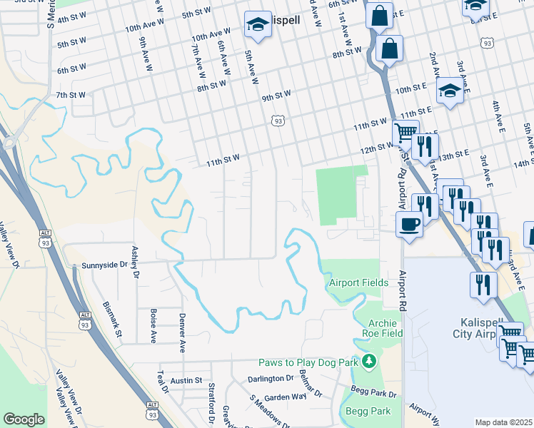 map of restaurants, bars, coffee shops, grocery stores, and more near 1401 6th Avenue West in Kalispell