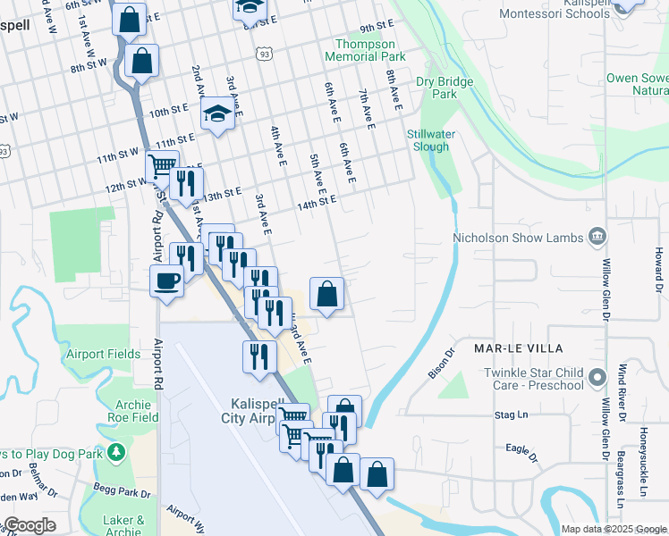 map of restaurants, bars, coffee shops, grocery stores, and more near 1624 5th Avenue East in Kalispell