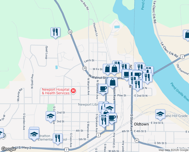 map of restaurants, bars, coffee shops, grocery stores, and more near 401 North Spokane Avenue in Newport