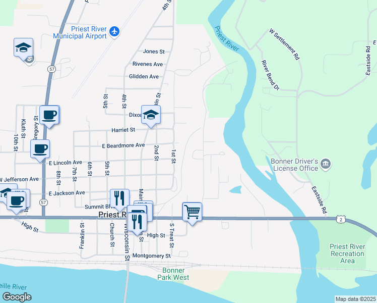 map of restaurants, bars, coffee shops, grocery stores, and more near 66 Merritt Lane in Priest River