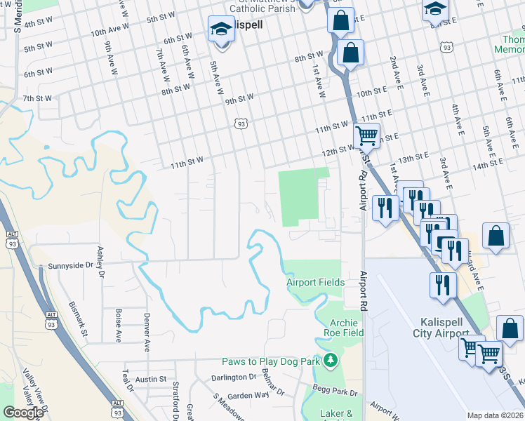 map of restaurants, bars, coffee shops, grocery stores, and more near 1310 4th Avenue West in Kalispell