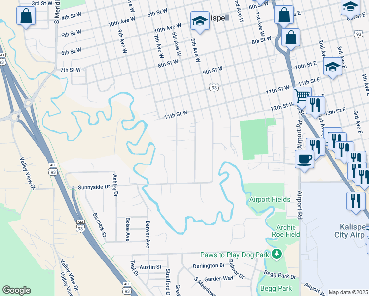 map of restaurants, bars, coffee shops, grocery stores, and more near 1322 6th Avenue West in Kalispell
