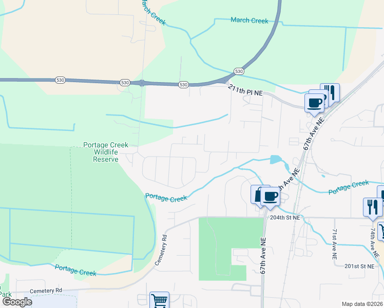 map of restaurants, bars, coffee shops, grocery stores, and more near 6207 207th Street Northeast in Arlington
