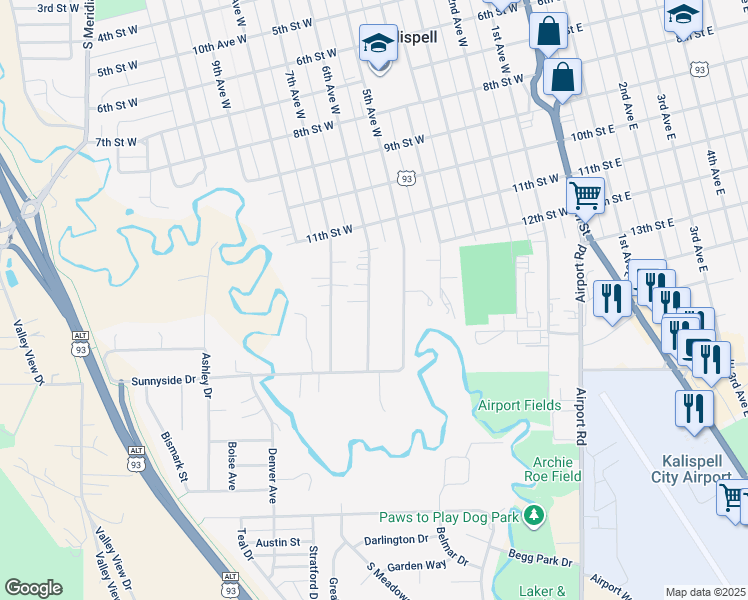 map of restaurants, bars, coffee shops, grocery stores, and more near 1401 6th Avenue West in Kalispell