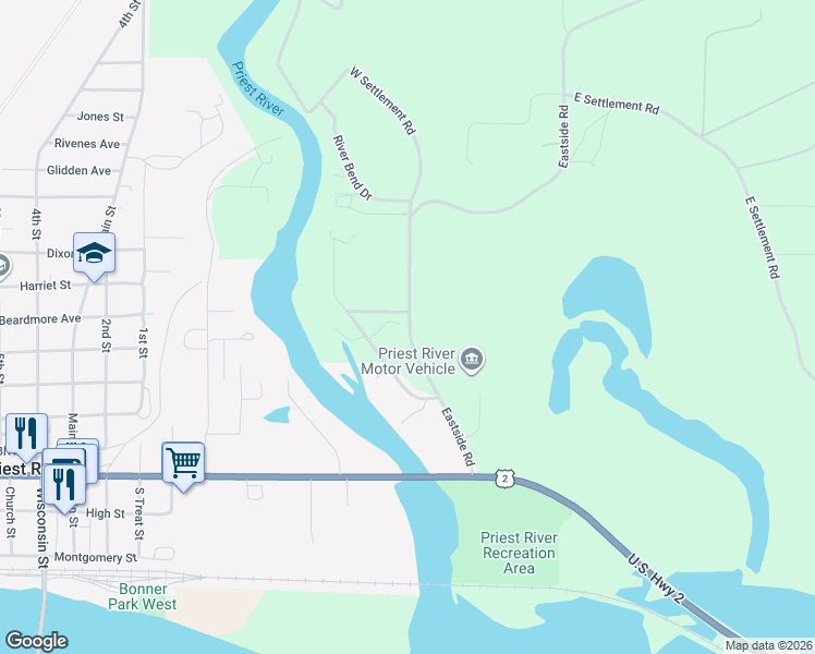 map of restaurants, bars, coffee shops, grocery stores, and more near East Side Road in Priest River