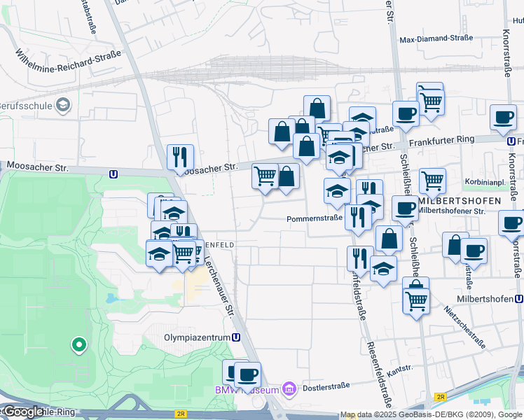 map of restaurants, bars, coffee shops, grocery stores, and more near 3 Preußenstraße in München