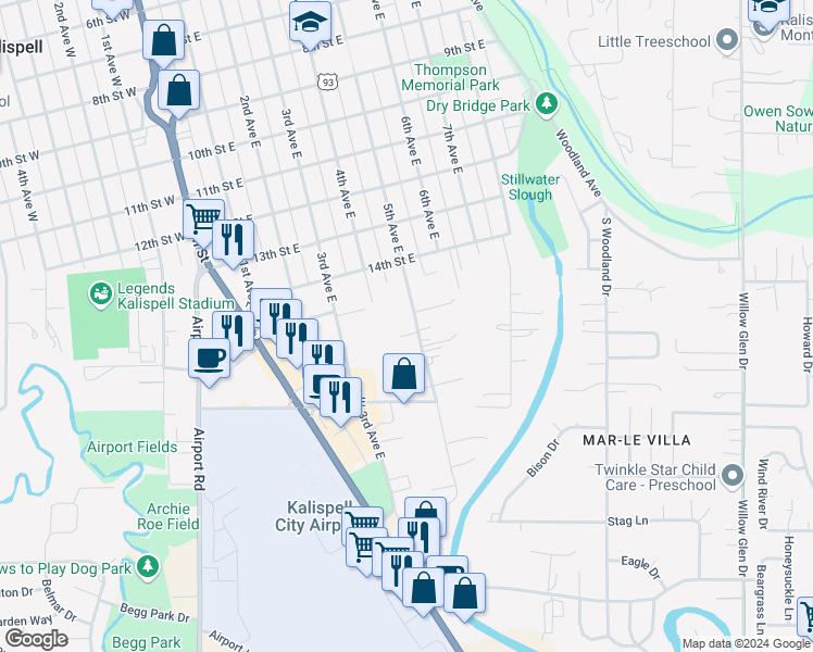 map of restaurants, bars, coffee shops, grocery stores, and more near 1520 5th Avenue East in Kalispell