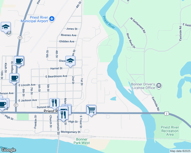 map of restaurants, bars, coffee shops, grocery stores, and more near 96 Merritt Lane in Priest River