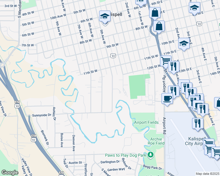 map of restaurants, bars, coffee shops, grocery stores, and more near 1401 6th Avenue West in Kalispell