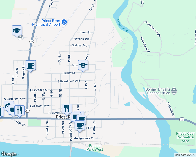 map of restaurants, bars, coffee shops, grocery stores, and more near 66 Merritt Lane in Priest River