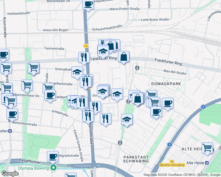 map of restaurants, bars, coffee shops, grocery stores, and more near Domagkstraße in München