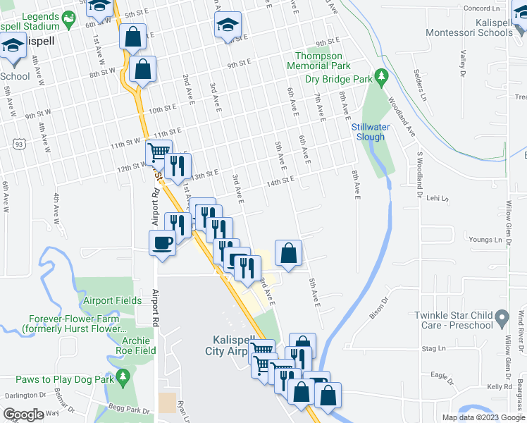 map of restaurants, bars, coffee shops, grocery stores, and more near 130 Cedar Commons Lane in Kalispell