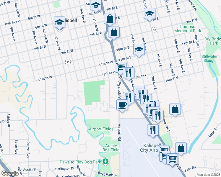 map of restaurants, bars, coffee shops, grocery stores, and more near 1303 1st Avenue West in Kalispell