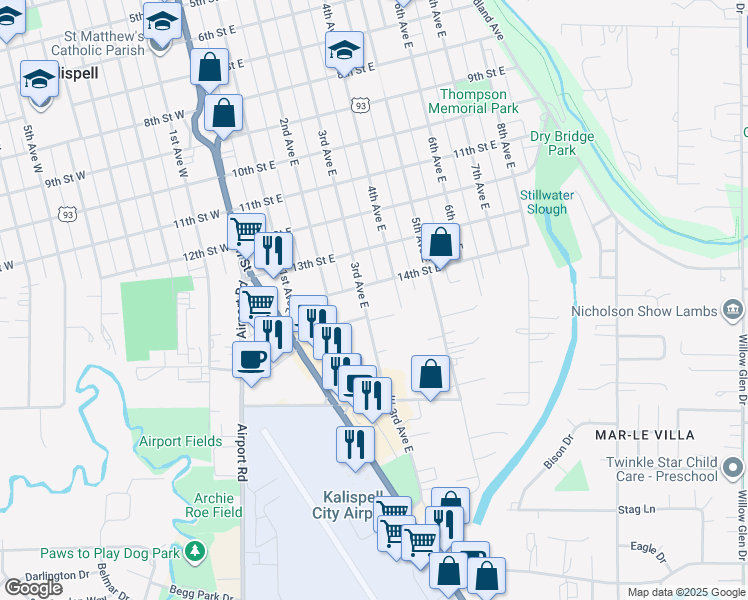 map of restaurants, bars, coffee shops, grocery stores, and more near 1404 4th Avenue East in Kalispell