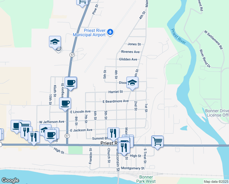 map of restaurants, bars, coffee shops, grocery stores, and more near 418 Harriet Street in Priest River