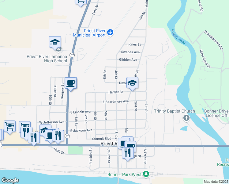 map of restaurants, bars, coffee shops, grocery stores, and more near 418 Harriet Street in Priest River