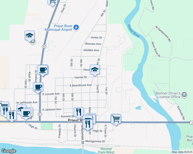 map of restaurants, bars, coffee shops, grocery stores, and more near 231 Harriet Street in Priest River