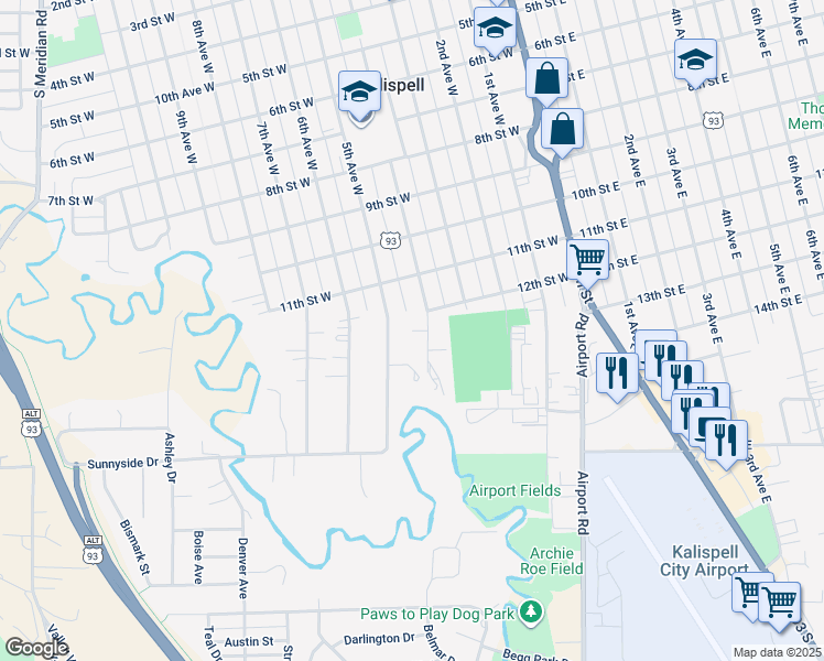 map of restaurants, bars, coffee shops, grocery stores, and more near 1205 5th Avenue West in Kalispell