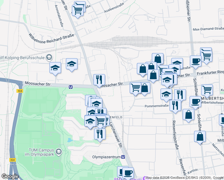 map of restaurants, bars, coffee shops, grocery stores, and more near 84 - 67 Moosacher Straße in München