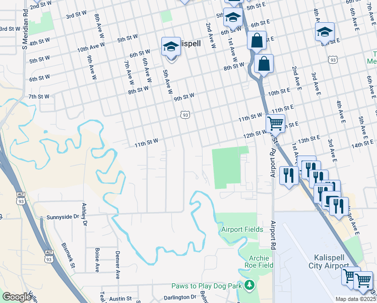 map of restaurants, bars, coffee shops, grocery stores, and more near 1205 5th Avenue West in Kalispell
