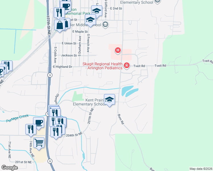 map of restaurants, bars, coffee shops, grocery stores, and more near 21125 81st Drive Northeast in Arlington