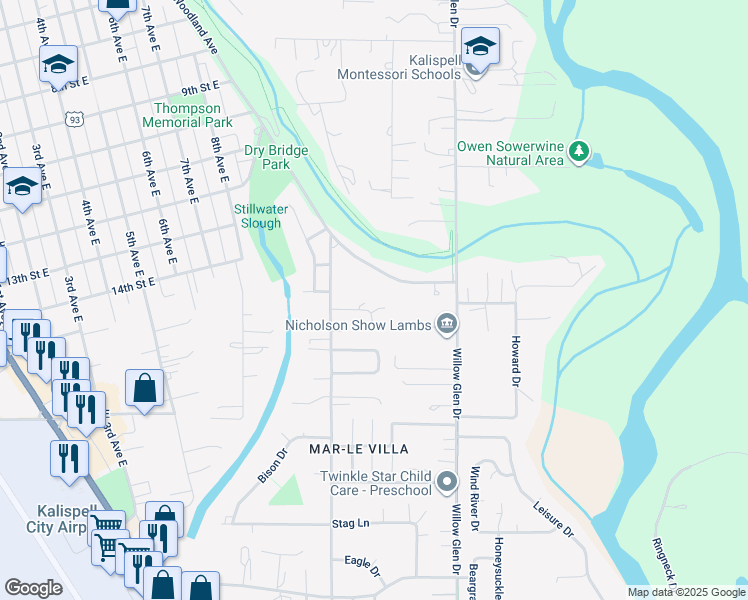 map of restaurants, bars, coffee shops, grocery stores, and more near 1620 Woodland Avenue in Kalispell