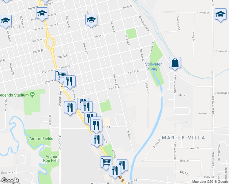 map of restaurants, bars, coffee shops, grocery stores, and more near 1406 5th Avenue East in Kalispell