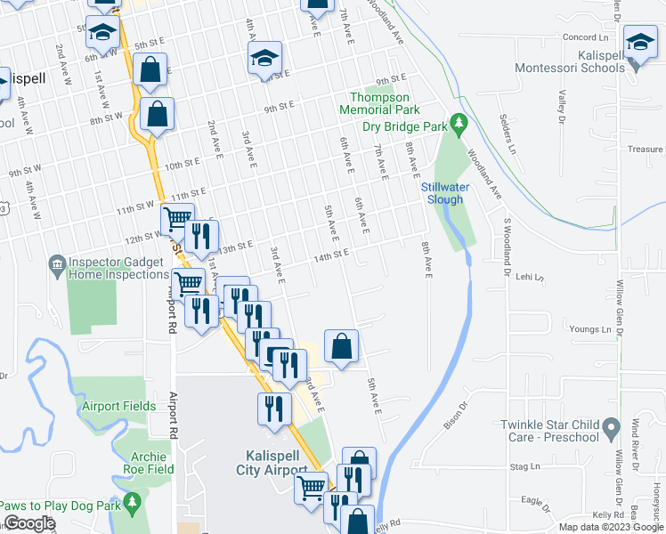 map of restaurants, bars, coffee shops, grocery stores, and more near 1406 5th Avenue East in Kalispell