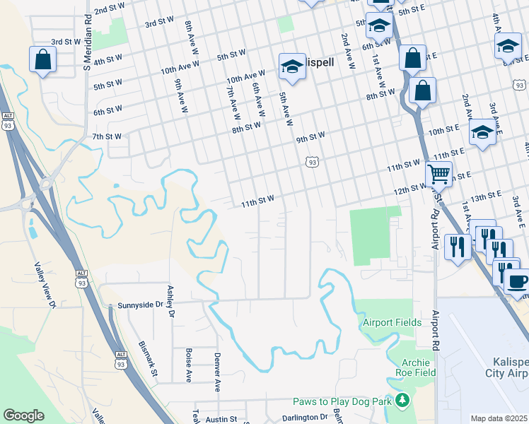 map of restaurants, bars, coffee shops, grocery stores, and more near 1107 7th Avenue West in Kalispell