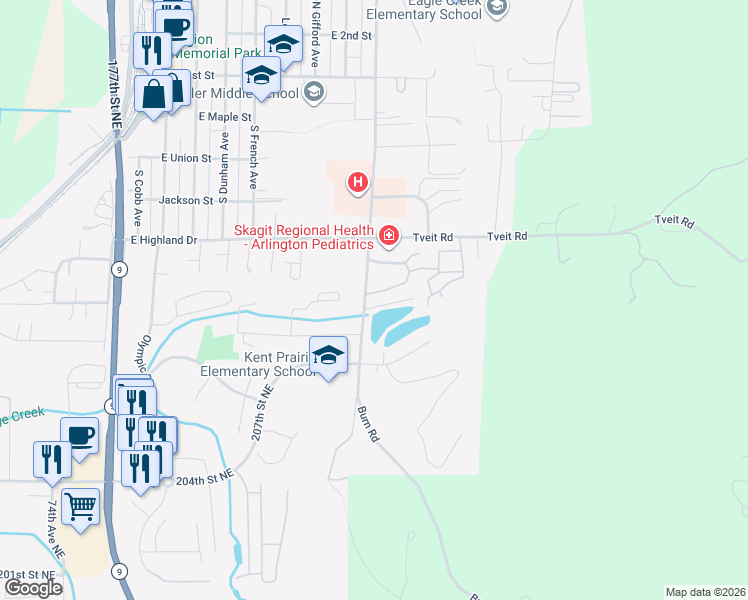 map of restaurants, bars, coffee shops, grocery stores, and more near 625 South Stillaguamish Avenue in Arlington
