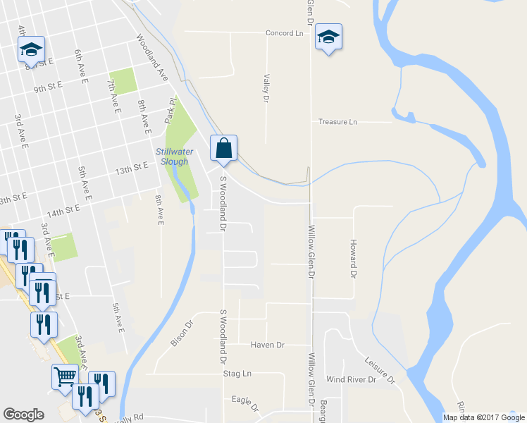 map of restaurants, bars, coffee shops, grocery stores, and more near 1620 Woodland Avenue in Kalispell
