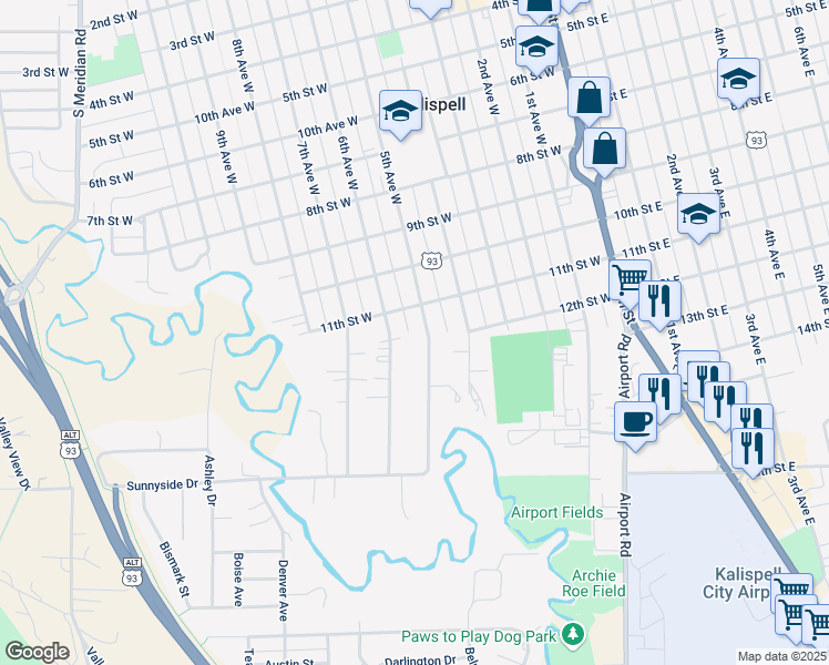 map of restaurants, bars, coffee shops, grocery stores, and more near 1201 6th Avenue West in Kalispell