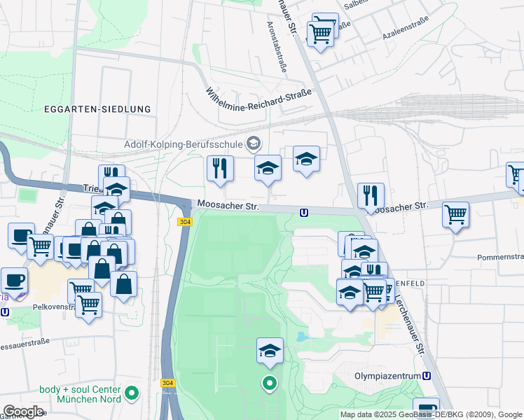 map of restaurants, bars, coffee shops, grocery stores, and more near 80 Moosacher Straße in München