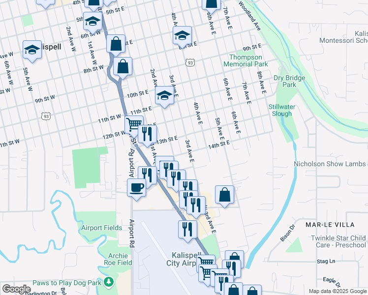map of restaurants, bars, coffee shops, grocery stores, and more near 1342 3rd Avenue East in Kalispell