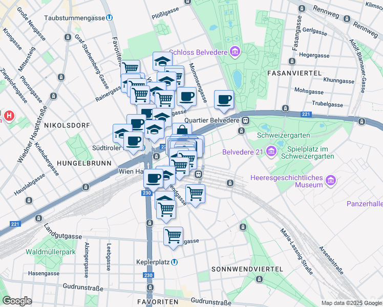 map of restaurants, bars, coffee shops, grocery stores, and more near 2 Gertrude-Fröhlich-Sandner-Straße in Wien