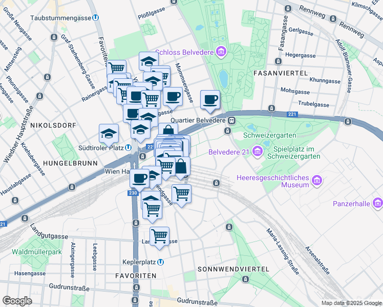 map of restaurants, bars, coffee shops, grocery stores, and more near 3 Gertrude-Fröhlich-Sandner-Straße in Wien