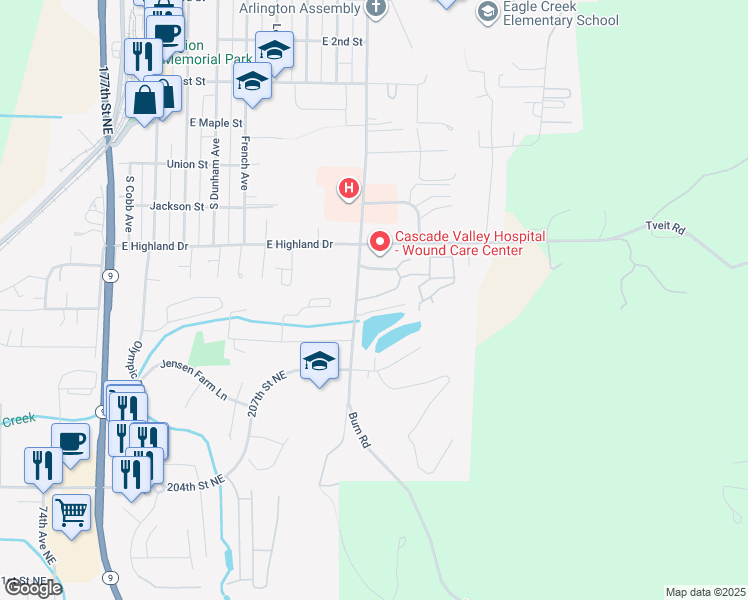 map of restaurants, bars, coffee shops, grocery stores, and more near 625 Stillaguamish Avenue in Arlington
